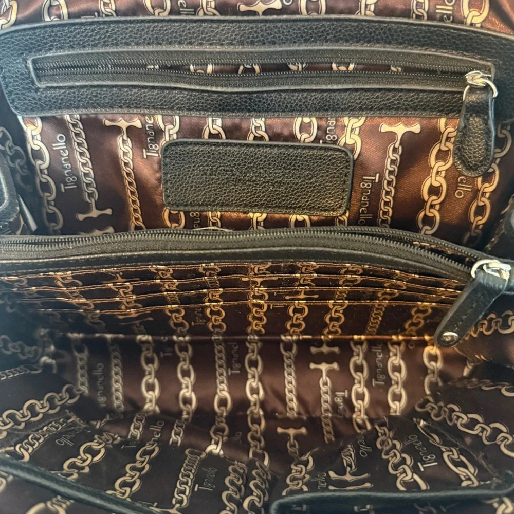Tignanello Cream‎ Black Pebbled Leather Dome Satchel Handbag Two Tone Bag